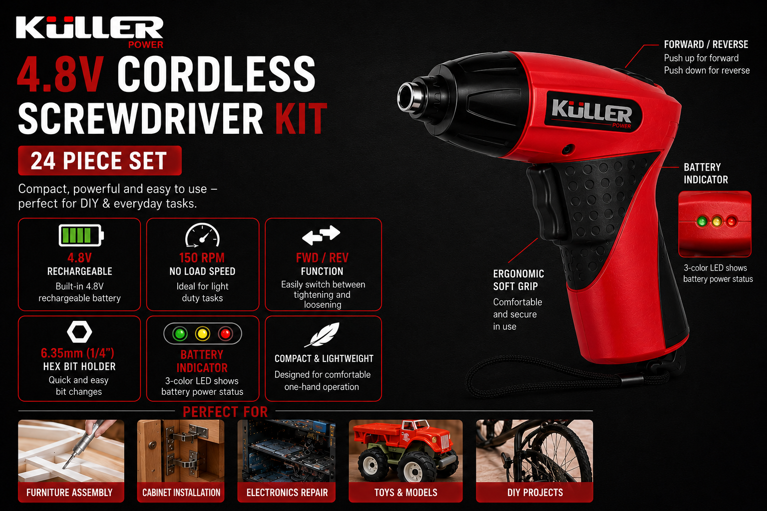 KULLER 4.8V Cordless Electric Screwdriver Kit - Rechargeable 24 Piece Power Driver Set - Image 5