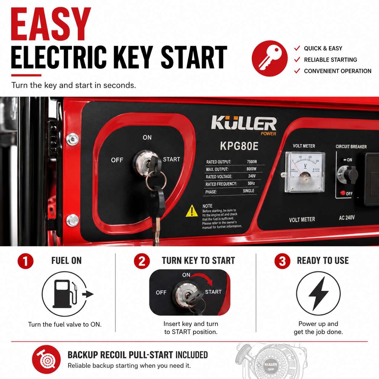 KULLER 18HP 8000w Max/7500w Rated Single-Phase Petrol Backup Generator - Image 3