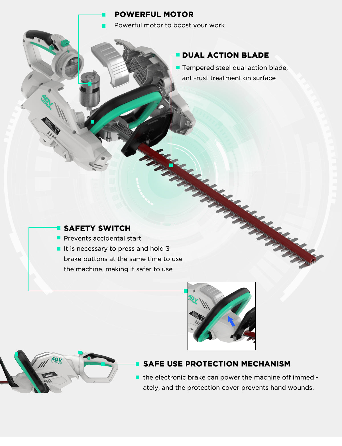 LITHELI 40V Cordless Hedge Trimmer Kit incl Battery & Charger - Image 7