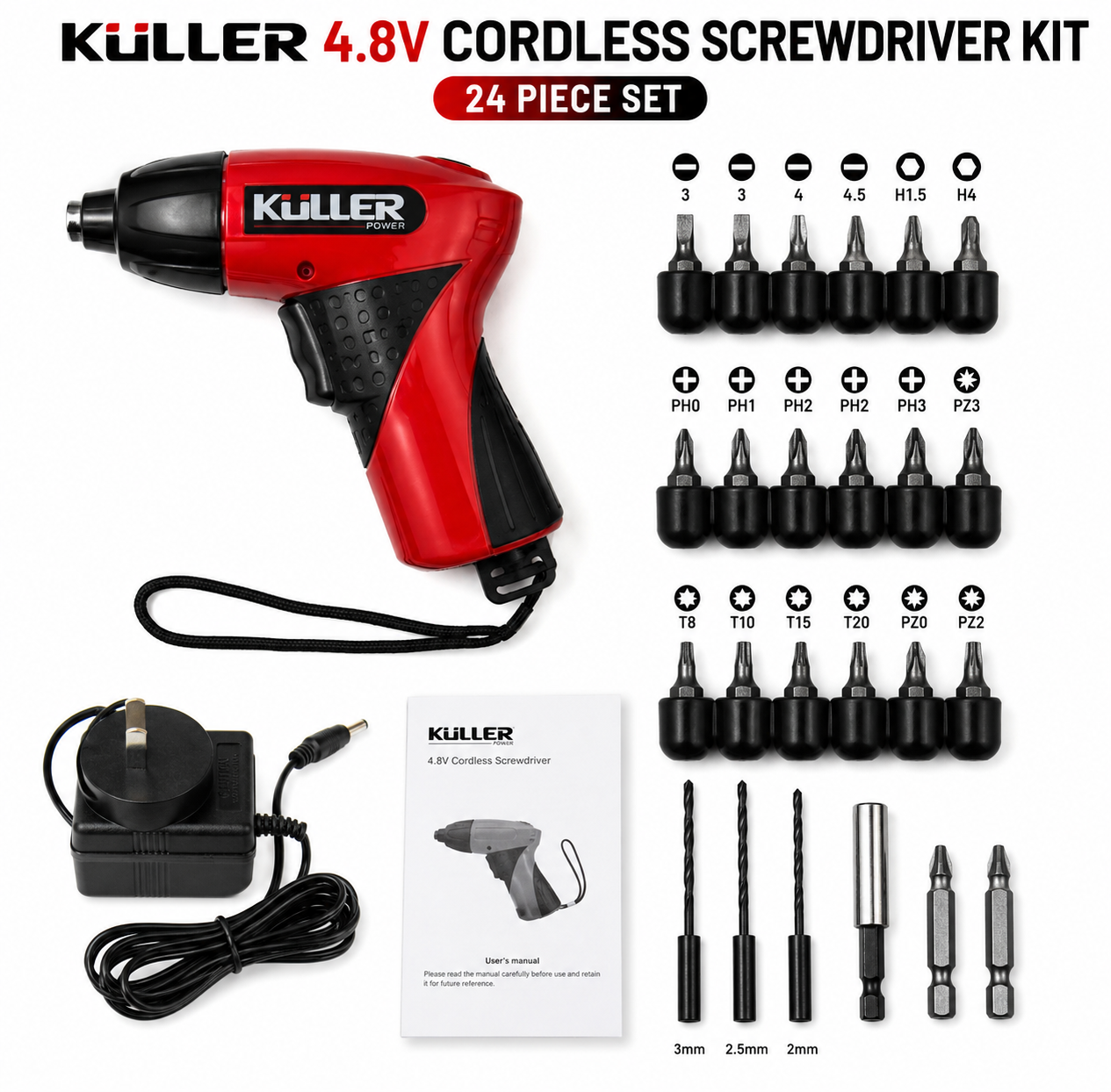 KULLER 4.8V Cordless Electric Screwdriver Kit - Rechargeable 24 Piece Power Driver Set - Image 3