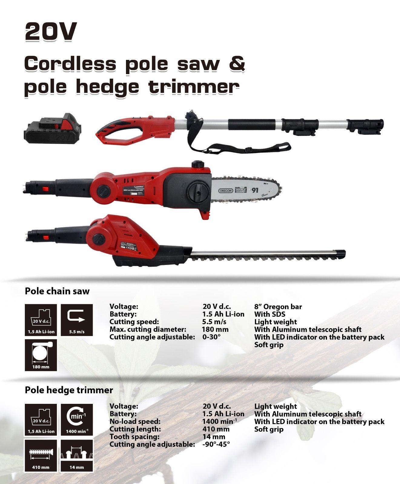 MATRIX 20V X-ONE Cordless Lithium pole chainsaw hedge trimmer 2in1 Combo - Image 2