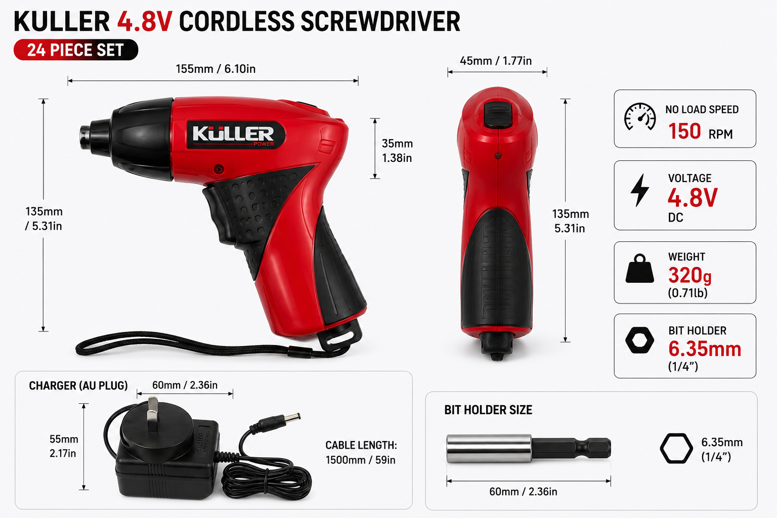 KULLER 4.8V Cordless Electric Screwdriver Kit - Rechargeable 24 Piece Power Driver Set - Image 2