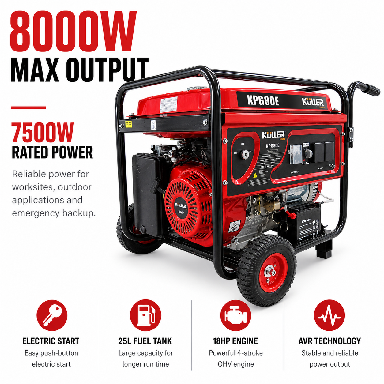 KULLER 18HP 8000w Max/7500w Rated Single-Phase Petrol Backup Generator - Image 2