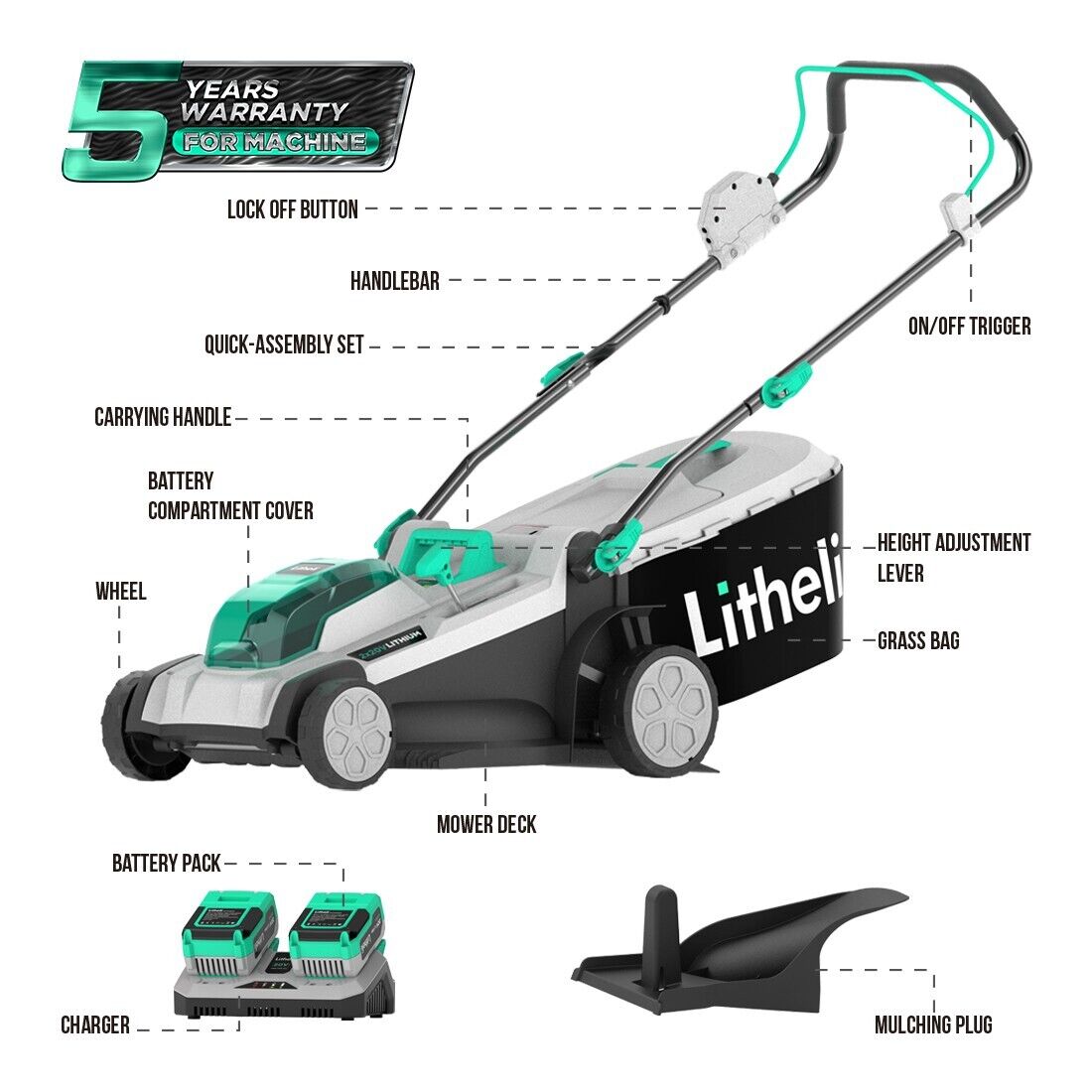 LITHELI 18" 40v (2x20V) Cordless BRUSHLESS Lawn Mower 2 Batteries Kit - Image 2