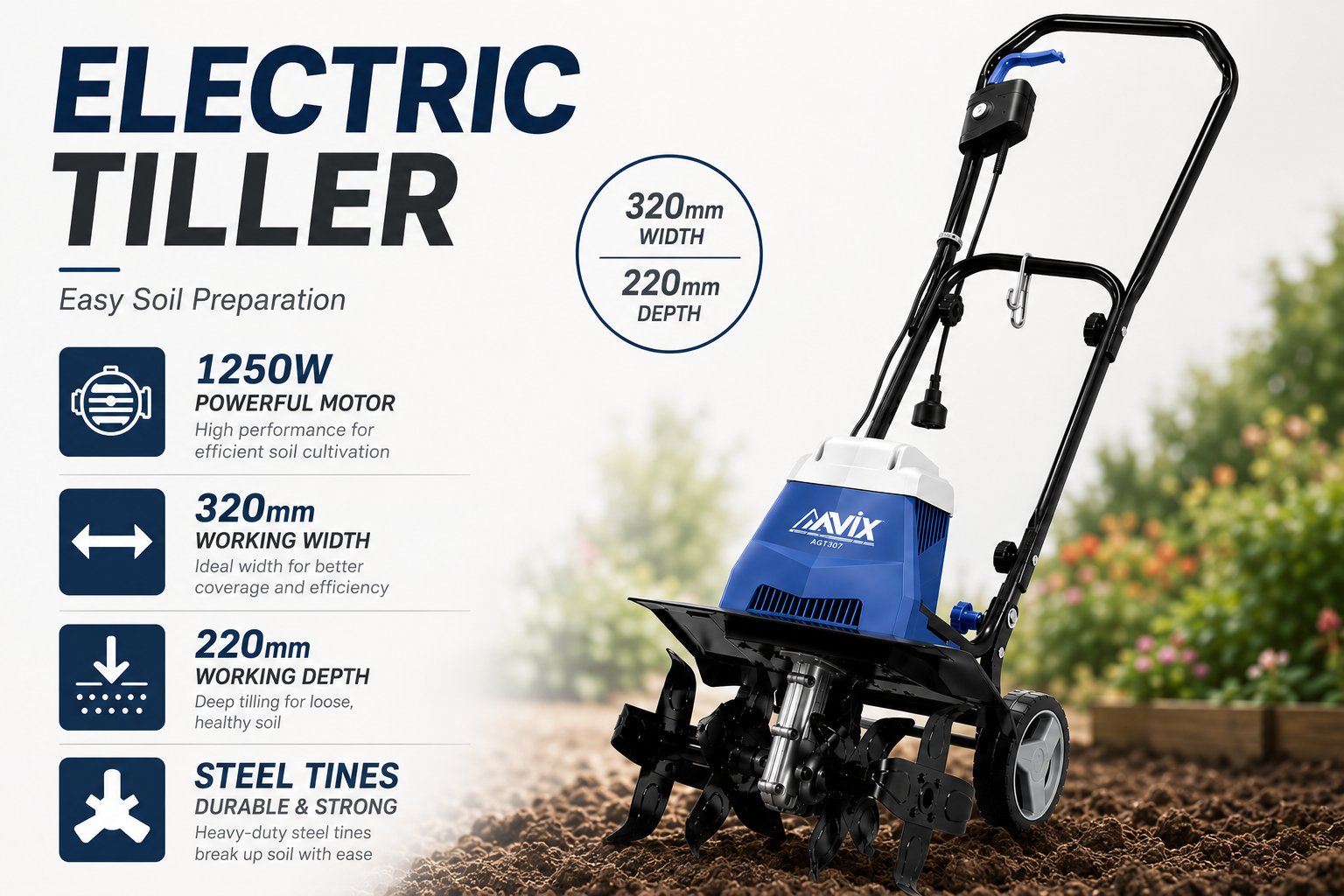 AAVIX AGT307 1250W Electric Garden Tiller Cultivator Rotary Hoe 320mm - Image 2